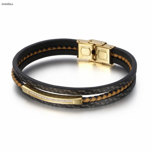 

2020 fashion multilayer weaving leather men bangles gold color stainless steel men bracelets bangles punk street trendy, Black