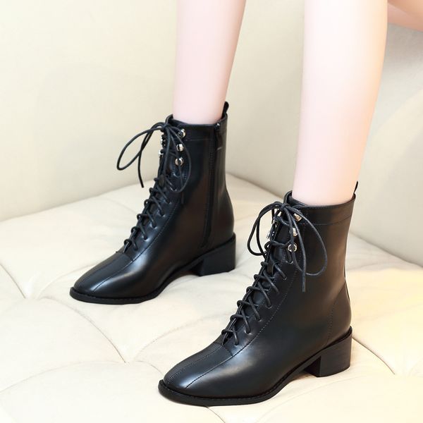 

2020 autumn new boots black women's boots split leather square heel motorcycle shoes z0079