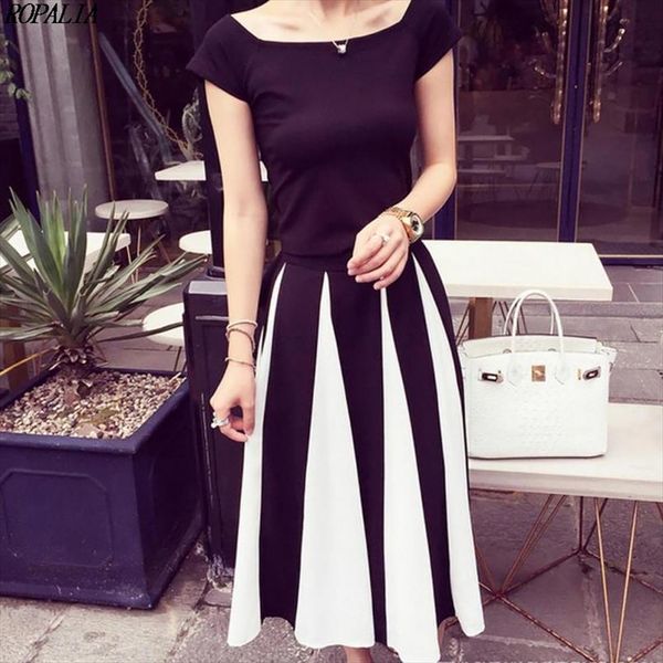 

korean style women square collar solid and striped print midi skirt set short sleeve bow shirt skirt 2 pcs sets, Gray