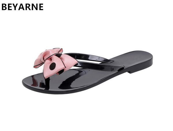 

beyarne woman jelly shoes lady students summer flats sandals women summer travel beach flip flops slides sweet bowtie 36-41, Black