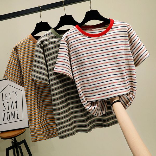 

women's t-shirt 100% cotton striped t shirt for women harajuku tshirt summer short sleeve korean punk camiseta feminina l0335, White