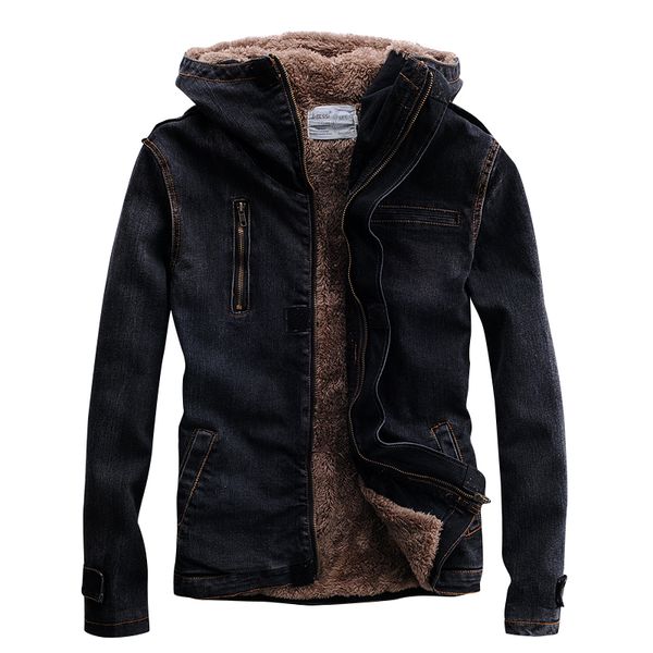 

men's jackets idopy winter denim jacket hooded fur lined black motorcycle biker style designer fleece thicken warm jean coat for male, Black;brown