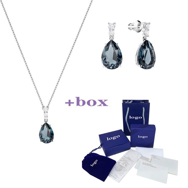 

swa mulier 2020 original new vintage set shiny exquisite cyan crystal water drop female clavicle necklace set romantic gift, Silver