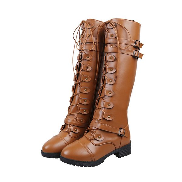 

junsrm boots fashion women winter over knee leather steampunk gothic vintage style retro punk buckle combat boots, Black