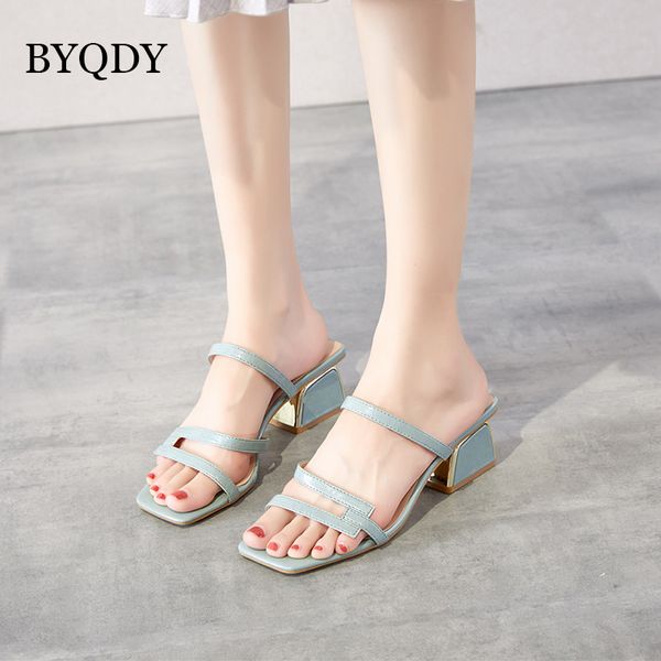 

byqdy 2020 summer women square toe sandals narrow band ladies shoes slip-on pu leather thick heels solid color female footwear, Black