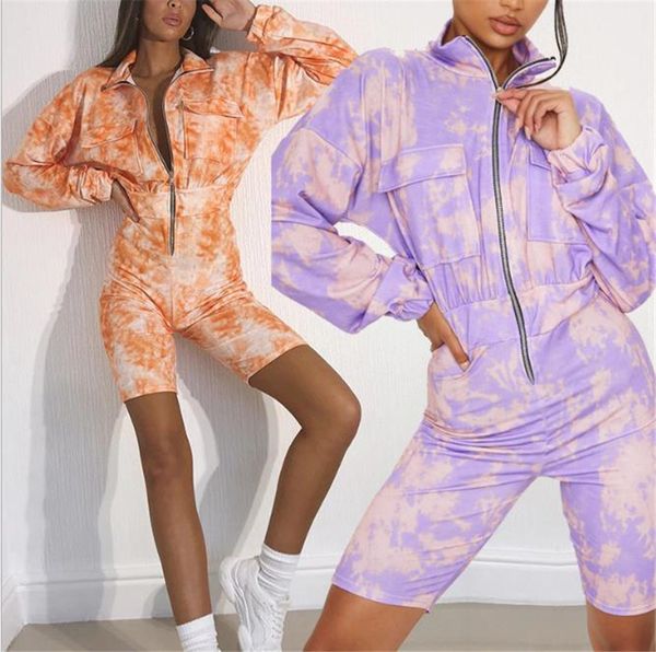 

womens rompers fashion tie dye designer womens clothing slim lapel neck jumpsuits casual rompers with zipper, Black;white