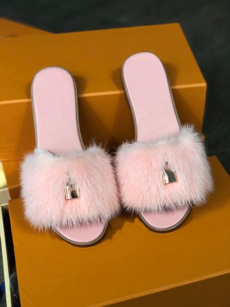 

designer slipper women lock it slides sandal fur shipper fur mules flat bottom real leather women shoes with box eu42, Black