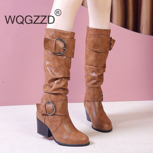 

women's high boots buckle strap pu leather knight boots fashion high heels riding women bottes femme size 43, Black