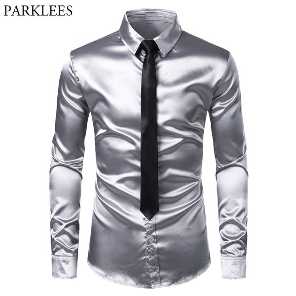 

men's casual shirts sliver silk satin dress shirt with tie 2021 brand slim fit button down male party wedding prom stage chemise, White;black