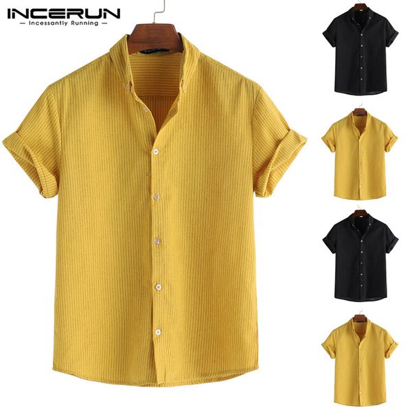 

incerun summer fashion men shirt striped lapel neck loose breathable short sleeve 2020 business brand shirts men camisa 5xl, White;black