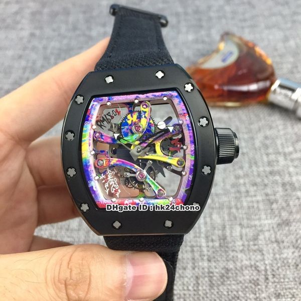 

7 styles luxury rm68-01 cyril kongo miyota automatic mens watch sapphire graffiti skeleton dial fabric strap gents watches, Slivery;brown