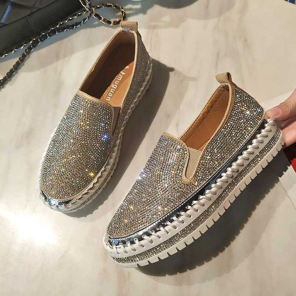 

2020 loafers shoes women luxury silver crystal slip on platform casual shoes woman shinning bling solid black flat heels