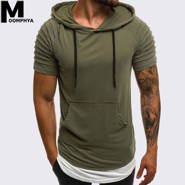 

moomphya 2019 streetwear pleated stripes shoulder hooded short sleeve men t shirt front pocket funny t-shirt men summer tshirt t200617, White;black