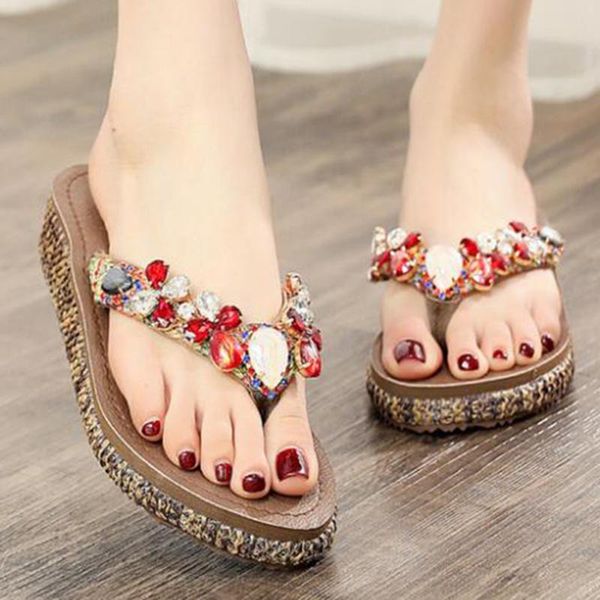 

summer womens flip flops diamond flats slippers beach shoes crystal outdoor platform sandals ladies casual fashion shoes xx136, Black