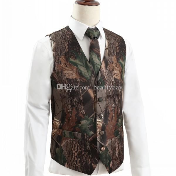

2019 new camo groom vests hunter country style wedding realtree spring camouflage mens attire vest 2 piece set (vest+tie) custom made, Slivery;golden