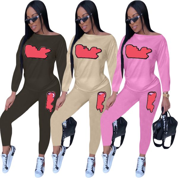 

ladies fashion casual clothes suit solid color with logo print outdoor women sports suit women clothes xd23921