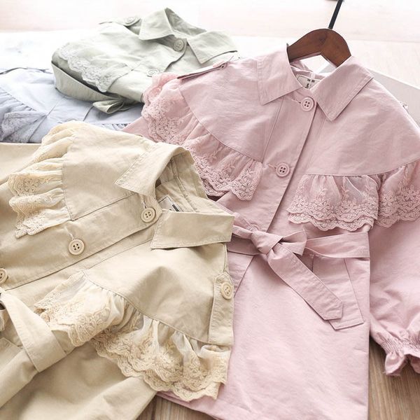 

2020 autumn girl's lace waistband single-breasted trench coat, Blue;gray