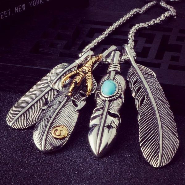 

vintage long necklace men eagle claw feather pendant necklaces male colar leaf boho summer jewelry beach collier, Silver
