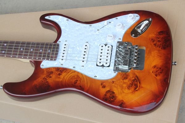 Guitarra elétrica de Sunburst personalizado de fábrica com ponte de rocha dupla, pickguard de pérola branca, Rosewood Fretboard, pode ser personalizado