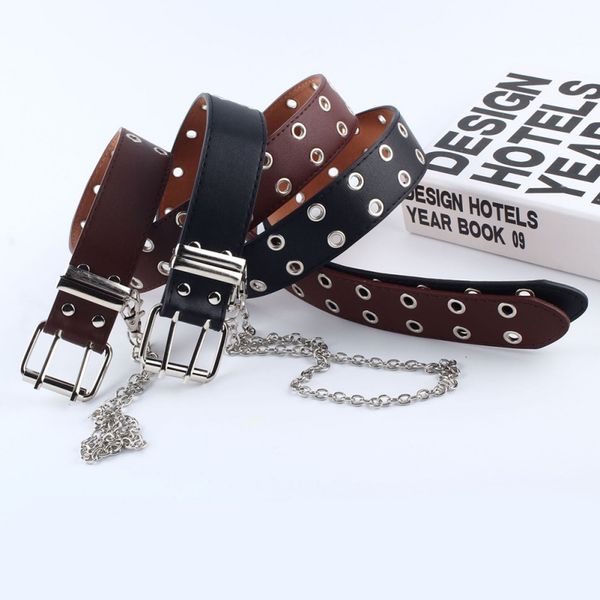 

women punk chain fashion belt adjustable black double/single eyelet grommet leather buckle belts, Black;brown