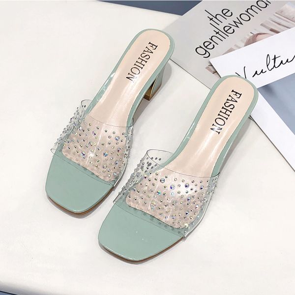 

мода кристалл обувь женщина 2020 новых летней transparent тапочки мулы femme elegant площади toe высокие каблуки тапочки женщина слайды, Black