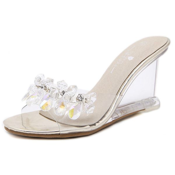

2020 women's crystal slippers wedge sandals feminine crystal transparent heels rhinestone wedge sandals summer fashion high heel, Black