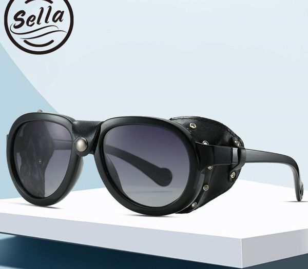 

sella new retro leather decoration polarized men pilot sunglasses classic round steampunk women vintage summer glasses005, White;black