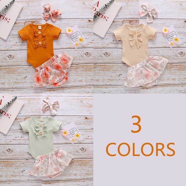 

newborn baby girls cotton pit strip suit lace short-sleeved printed flower shorts+ bandana romper 3pcs tuit sell, White