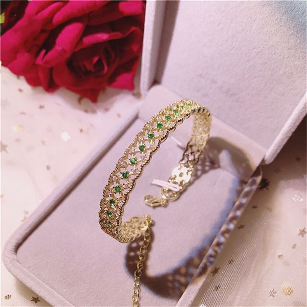 

vintage bracelets for women bangles s925 sterling silver 18k gold emerald green gemstone luxury annivesary bijoux fine jewelry, Golden;silver