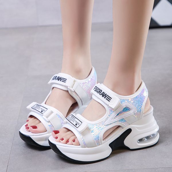 

platform sandals muffin bottom 2020 symphony chunky super high heel student increase summer beach shoes sandalias mujer, Black