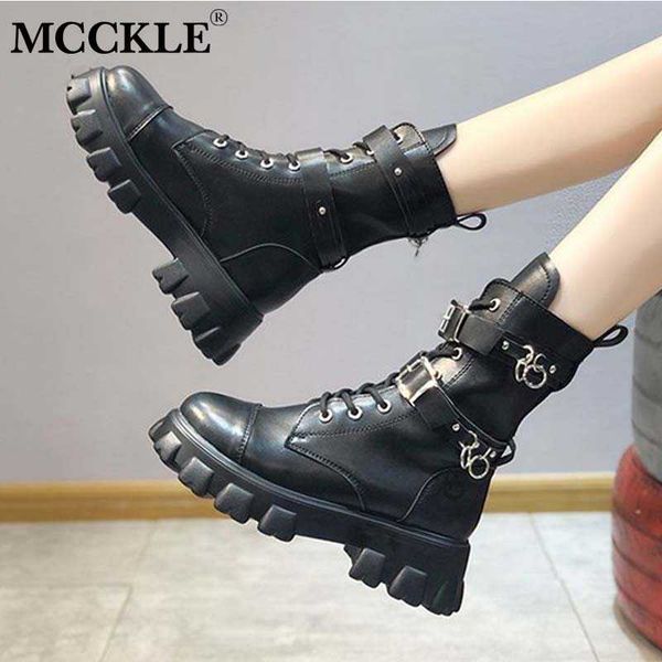 

women boots shoes mid calf ladies autumn winter fashion pu leather buckle chain lace up female platform footwear woman, Black