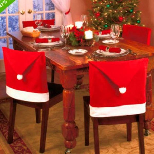 

in stock dhl christmas chair cover santa clause red hat chair back covers dinner chair cap sets for christmas xmas home party decorations