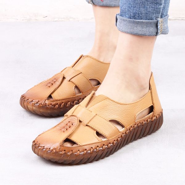 

2020 summer women's sandals breathable genuine leather handmade ladies shoe leather sandals women flats retro style mother shoes, Black