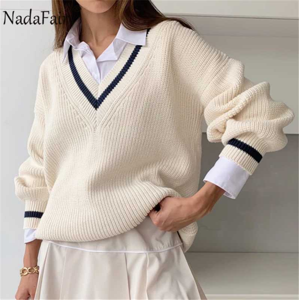 

nadafair v neck women sweaters autumn long sleeve pull oversized jumper winter korean casual knitted sweater pullover woman 2020, White;black