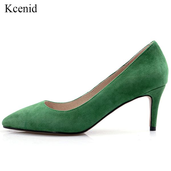 

kcenid natural suede leather elegant shoes woman 5cm 7cm high heel pumps pointy toe women pumps ladies shoes stiletto heel green, Black