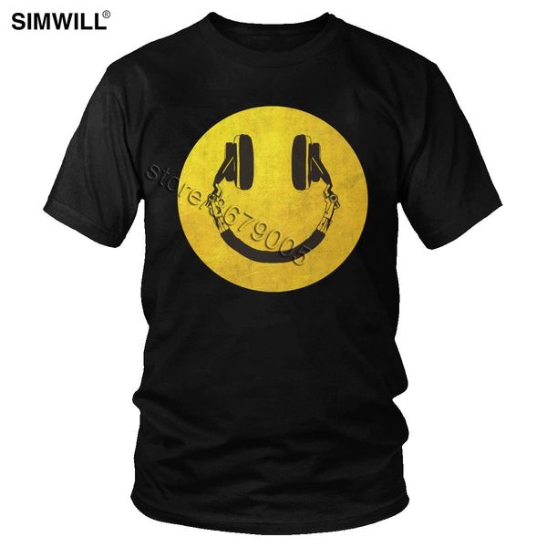 

funny music smile t-shirt retro urban cotton t shirt men's short sleeve round neck headphone graphic tees hip hop fashion