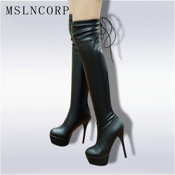 

plus size 34-46 fashion women leather boots fashion over the knee boots thin heel platform woman shoes black female