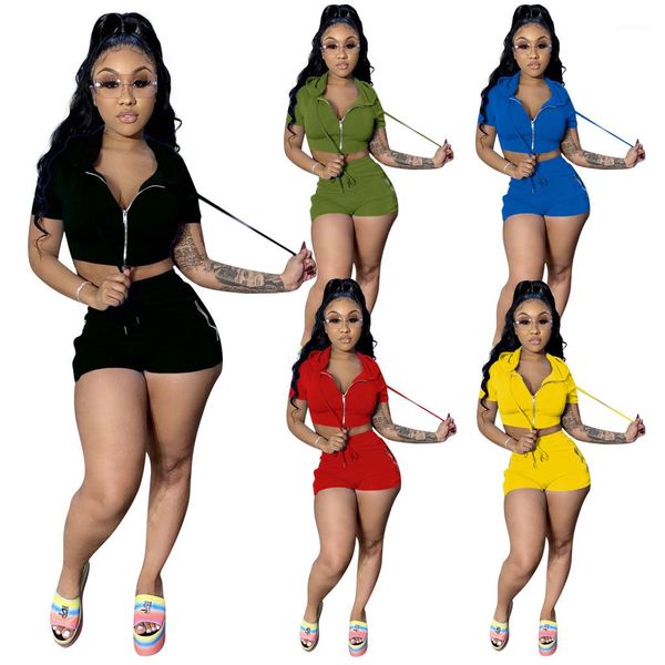 

zipper short sleeve slim fit tshirt lace up shorts famale sport set women solid color tracksuit hooded, Gray