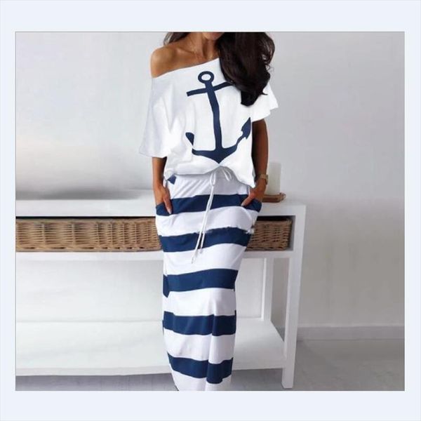 

casual 2 piece skirt suit women slash neck half sleeve and striped long skirt casual outfit dhdz0015, Gray