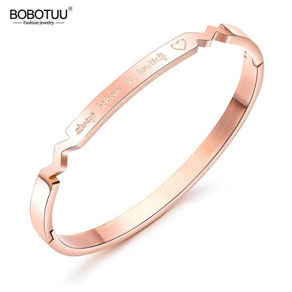 

bobotuu rose gold color always beliver in yourself wedding bangles jewelry for women stainless steel cuff girl bracelet bogh938, Black