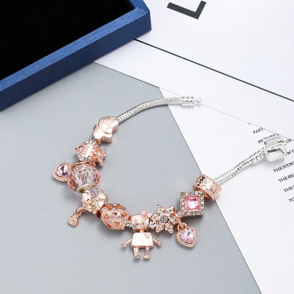 

dinglly rose gold pink crystal heart charm bracelets for women girl original shiny flower fairy beaded fine bracelet jewelry, Golden;silver