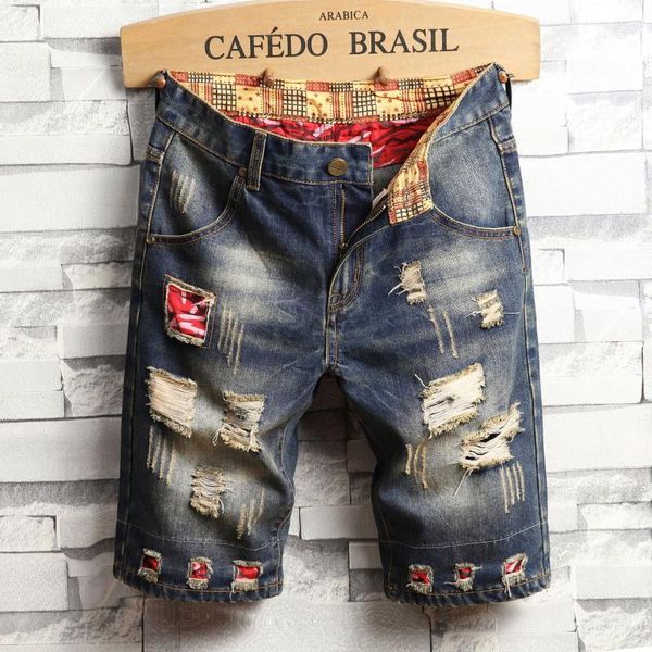 

men's jeans personality patch retro fashion five-point pants summer men ripped shorts, Blue