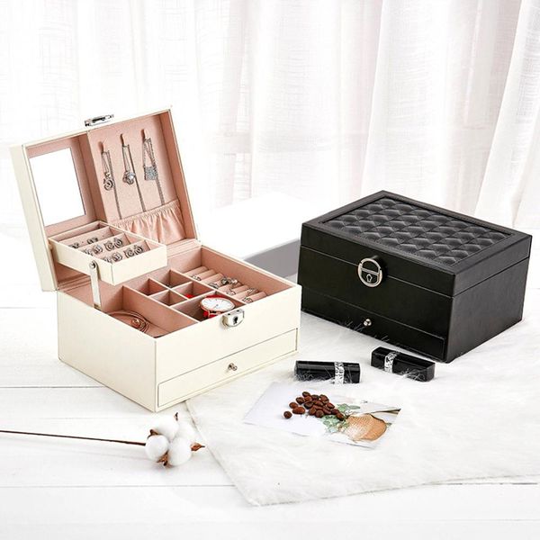 

large fashion design leather jewelry box jewelry display case package storage large space jewelry ring necklace bracelet mx200810, Black;white