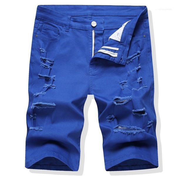 

holes mens designer jean summer straight knee length regular mens shorts fashion male clothing solid color, Blue
