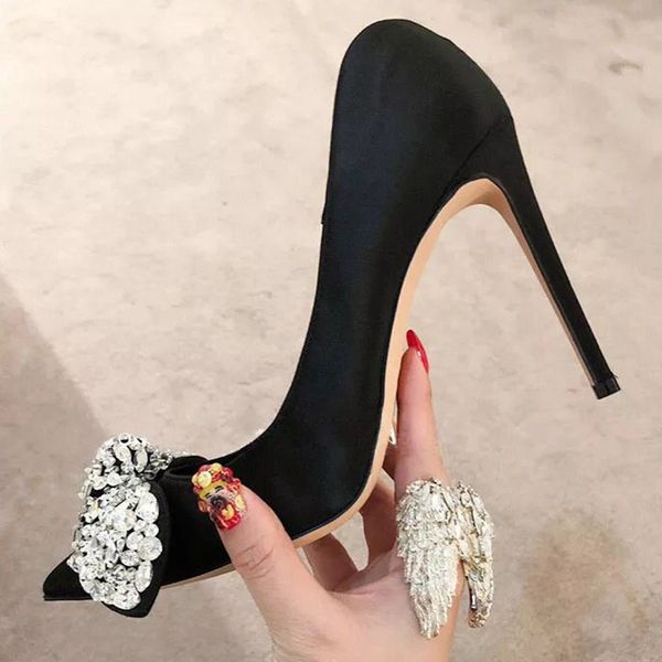 

2020 autumn new satin rhinestone bowknot pointed stiletto shallow mouth mid-heel women's singles large size wedding shoes, Black