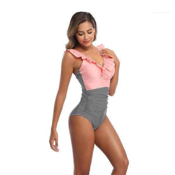 

plus size swimwear printed bikini v neck large swimwear womens one piece frill swimwear, White;black