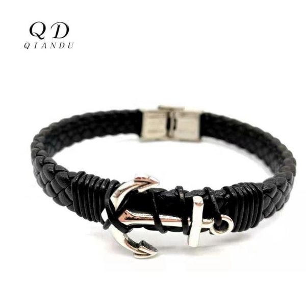 

qian du leather bracelet stainless steel simple anchor fastener accessory 2020 fashion men's braided bracelet jewelry, Black