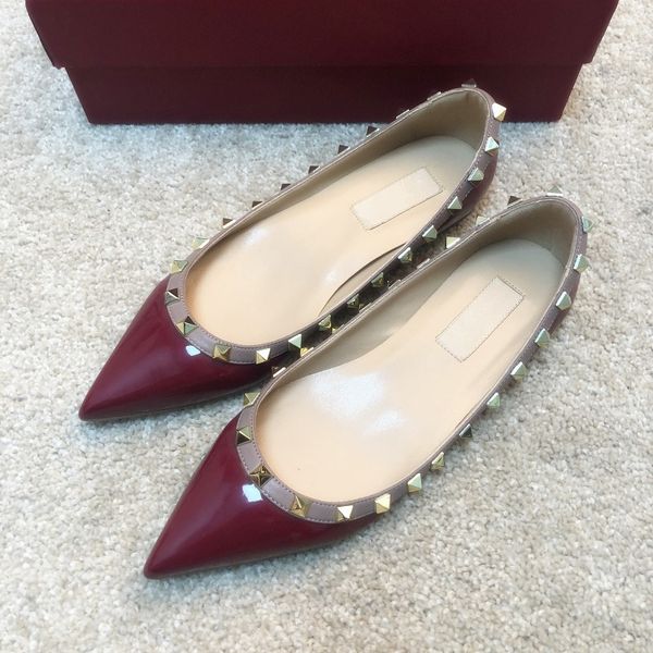 

quality fashion women pumps lady red nude patent point toe studded spikes shoes pumps flats stiletto heels party shoes, Black
