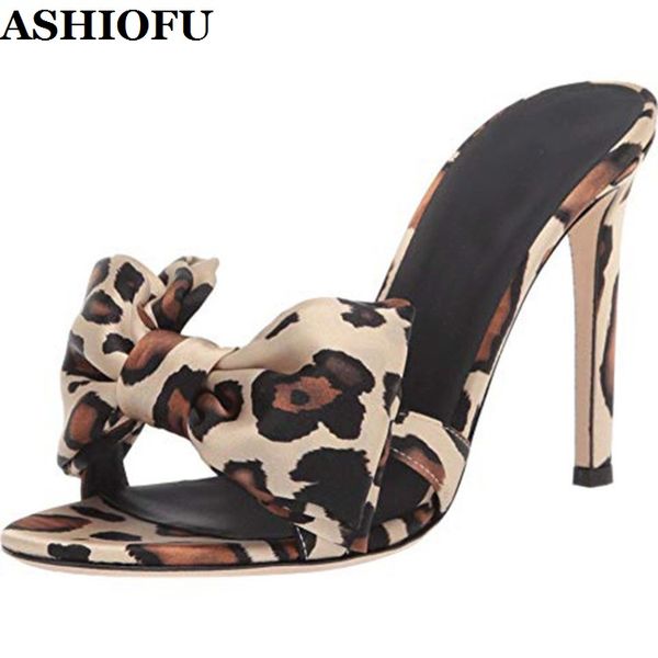 

ashiofu handmade new style ladies high heels slippers leopard bow-tie party prom shoes evening slides fashion slipper shoes, Black