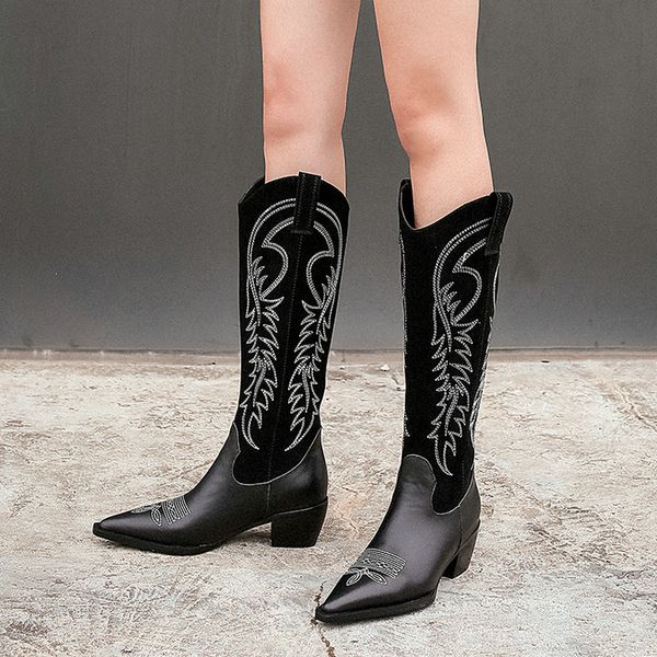 

luxury black brown genuine leather retro cowboy knee high boots cowgirls pointed toe winter wide calf tall boots mid-heel
